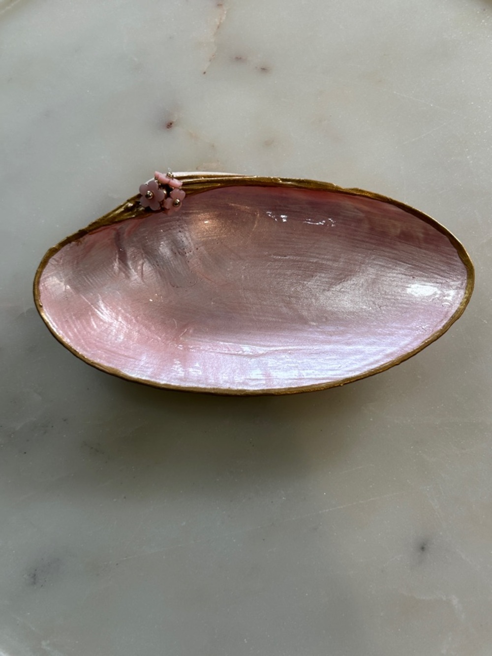 HAND MADE One of a Kind Baby Pink Shell Trinket Dish with Gold Rim